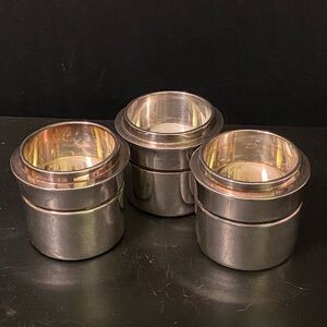 set of 3  silver plated barrel tealight candleholders marked N handmade in India